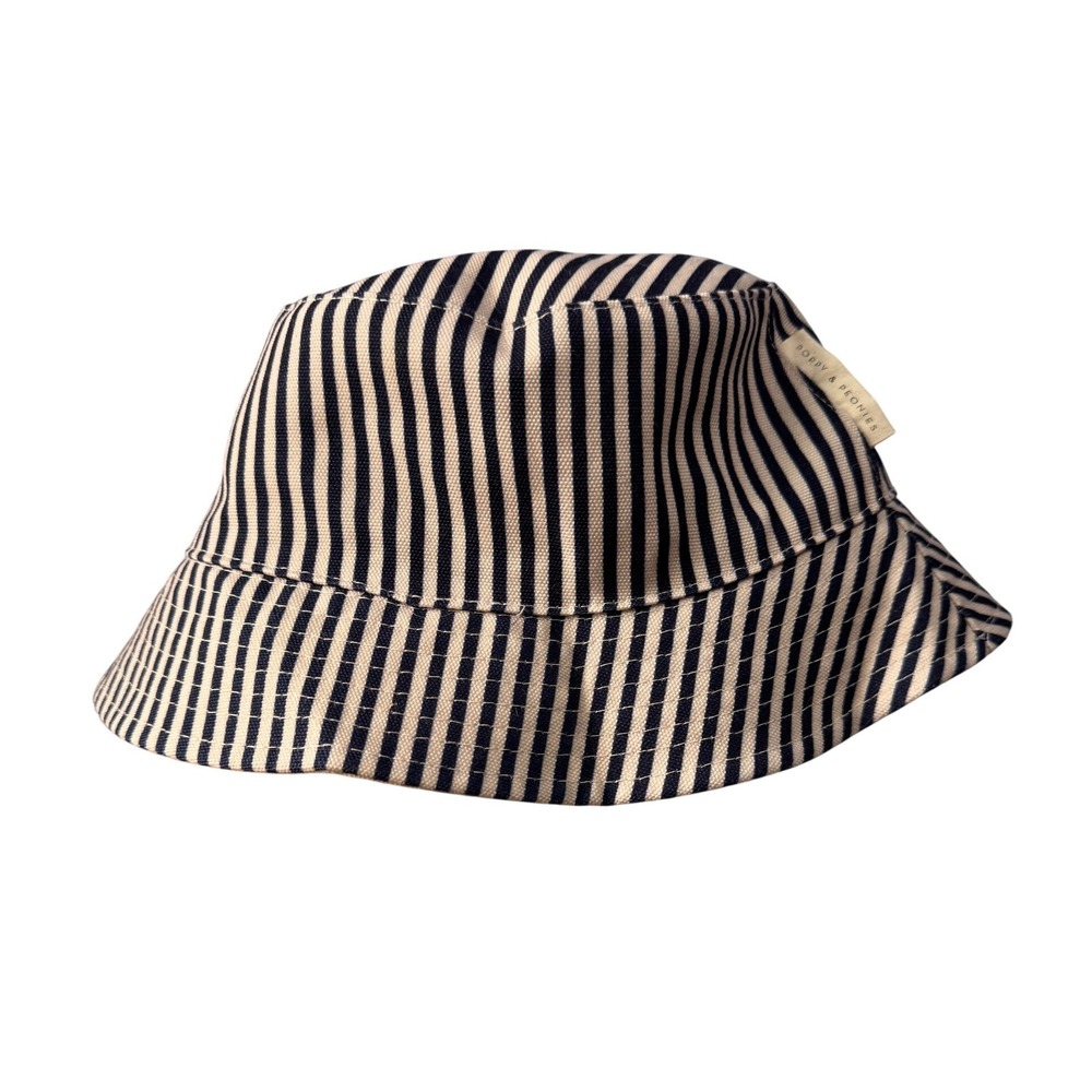 Poppy & Peonies Bucket Hat Navy Blue White Striped Canvas Coastal Sun Hat Womens